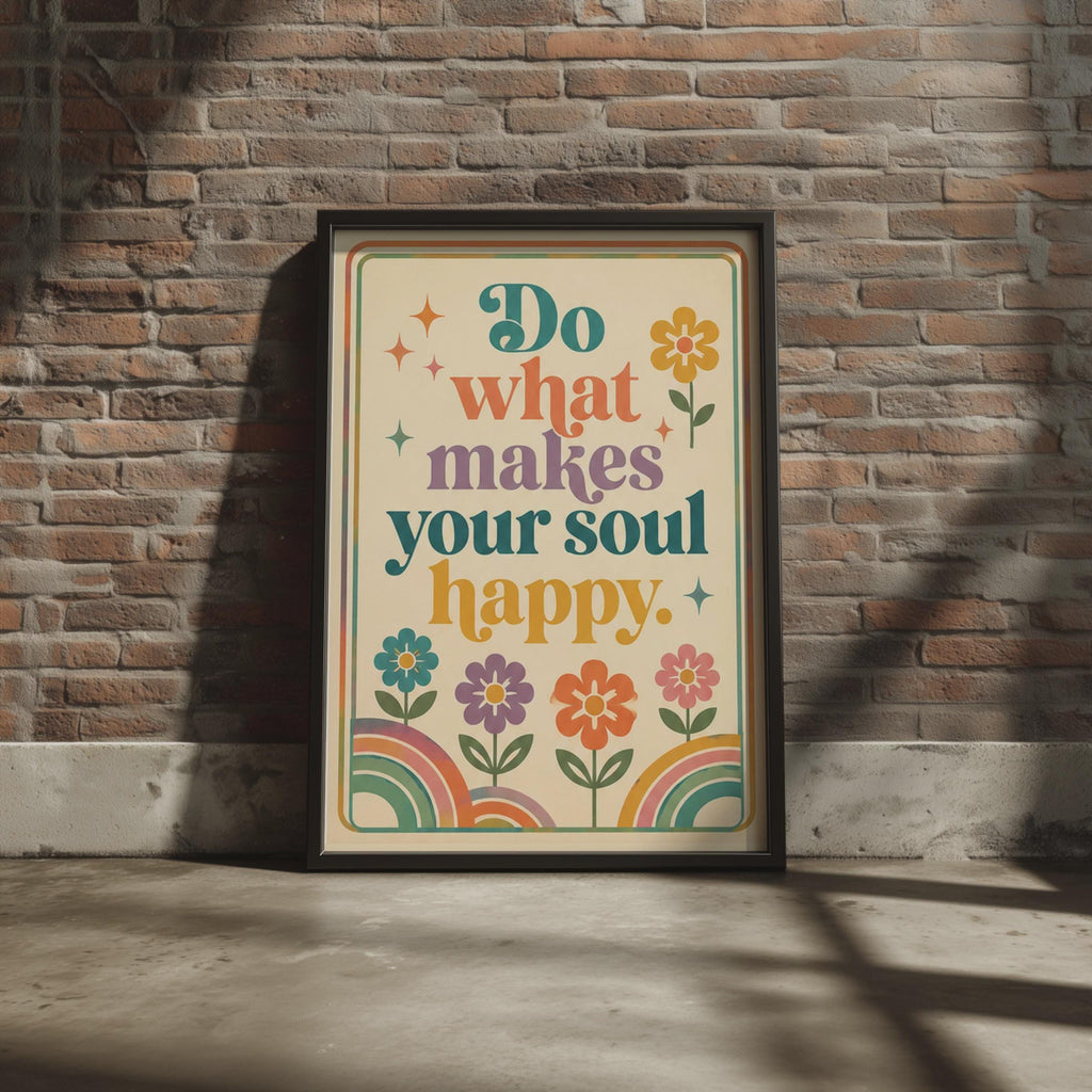 Retro Floral Quote Poster, 70s Rainbow Boho Wall Art (Printed)