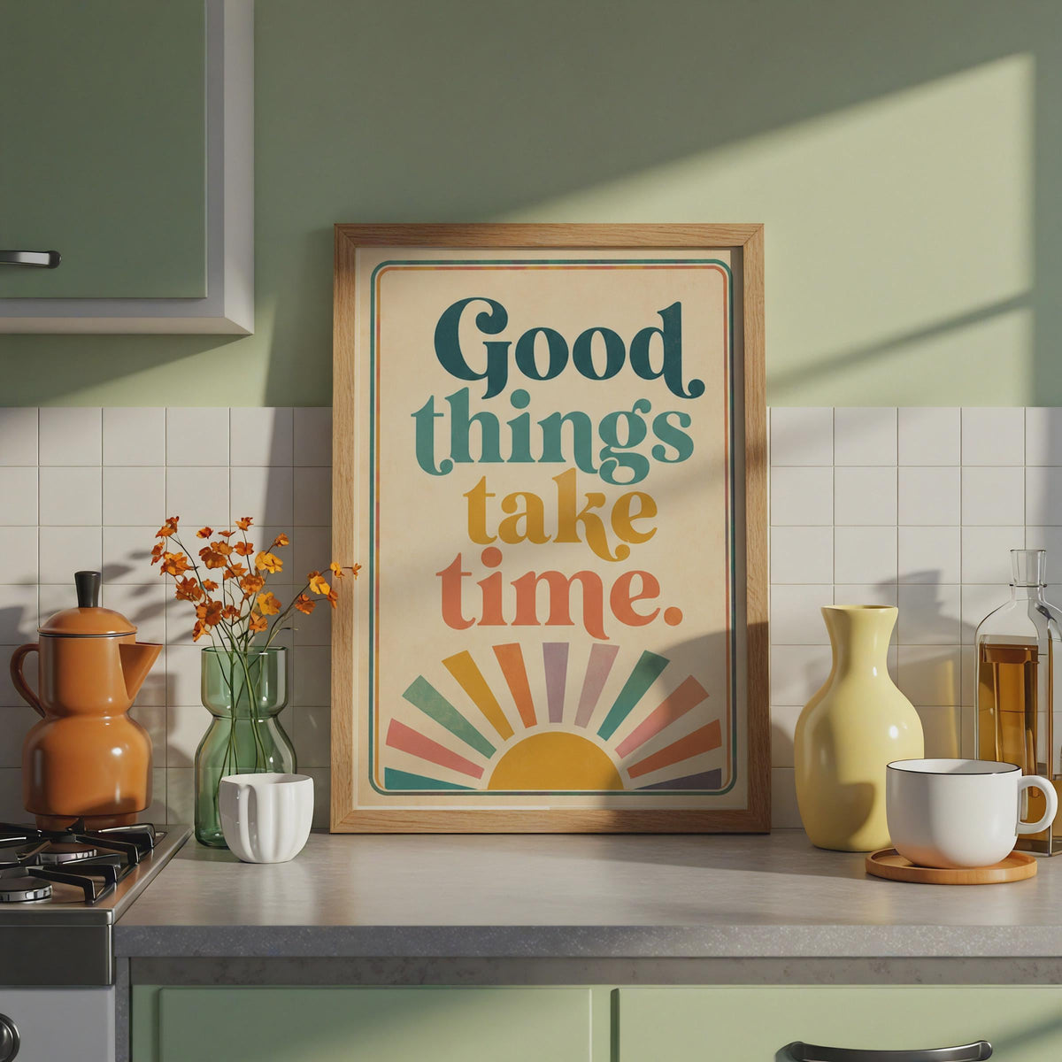 Retro 70s Sunburst Poster, Good Things Take Time Quote, Boho Typography Wall Art