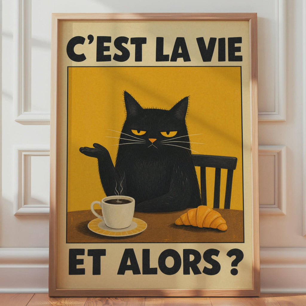 C'est La Vie Black Cat Poster, Grumpy Coffee Print, Vintage French Quote Wall Art