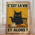 C'est La Vie Black Cat Poster, Grumpy Coffee Print, Vintage French Quote Wall Art