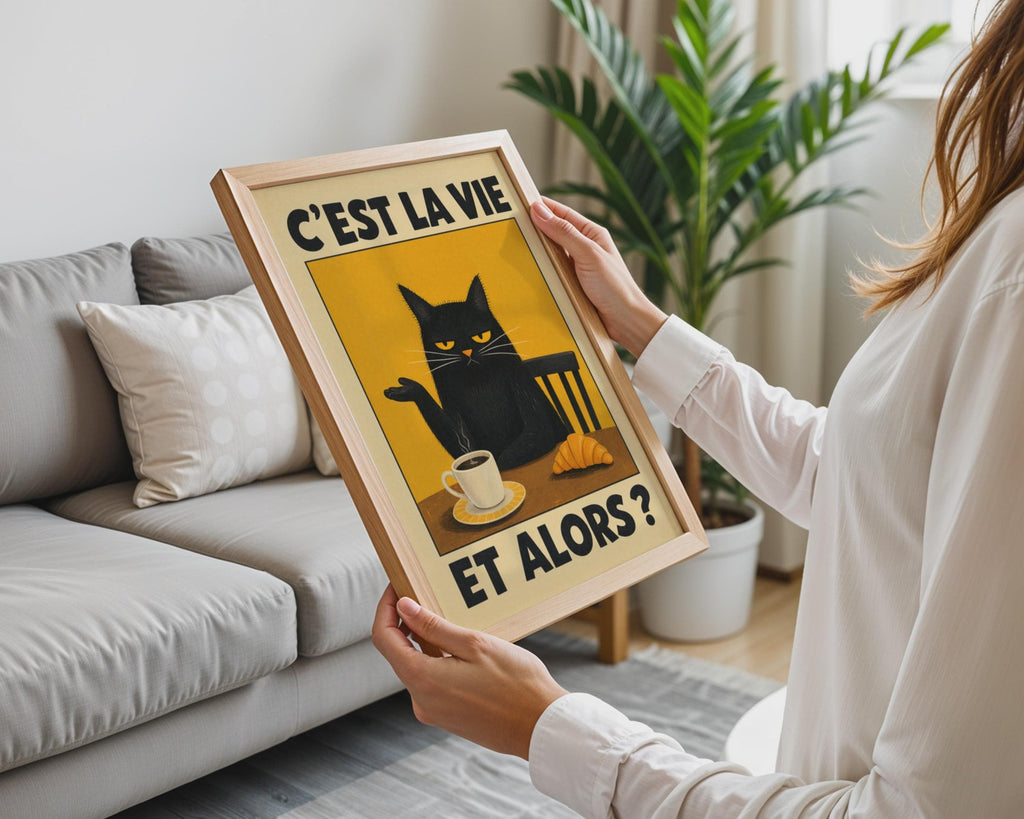 C'est La Vie Black Cat Poster, Grumpy Coffee Print, Vintage French Quote Wall Art