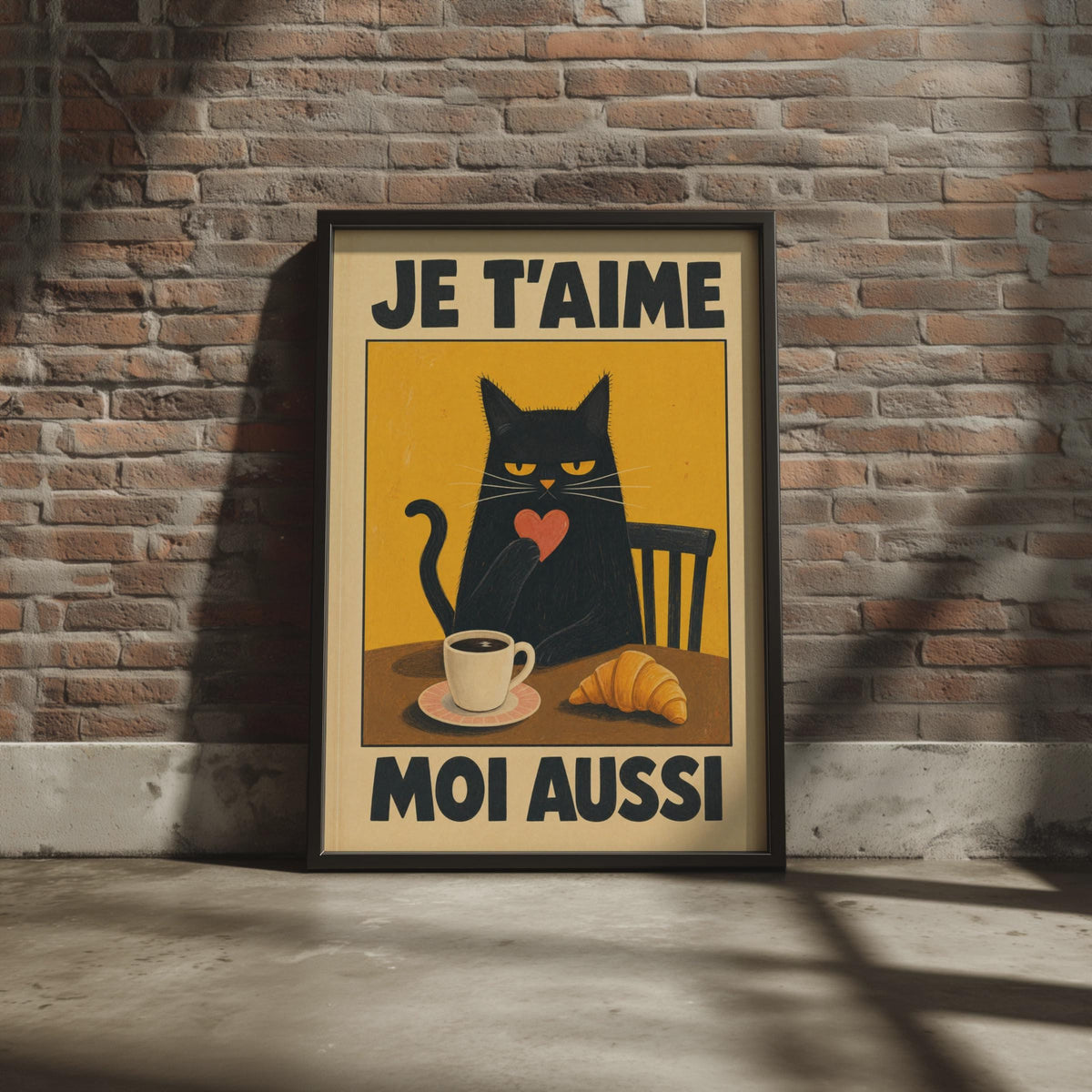 Black Cat Cafe Print, Grumpy French Coffee Croissant Art, Retro Paris Kitchen Decor