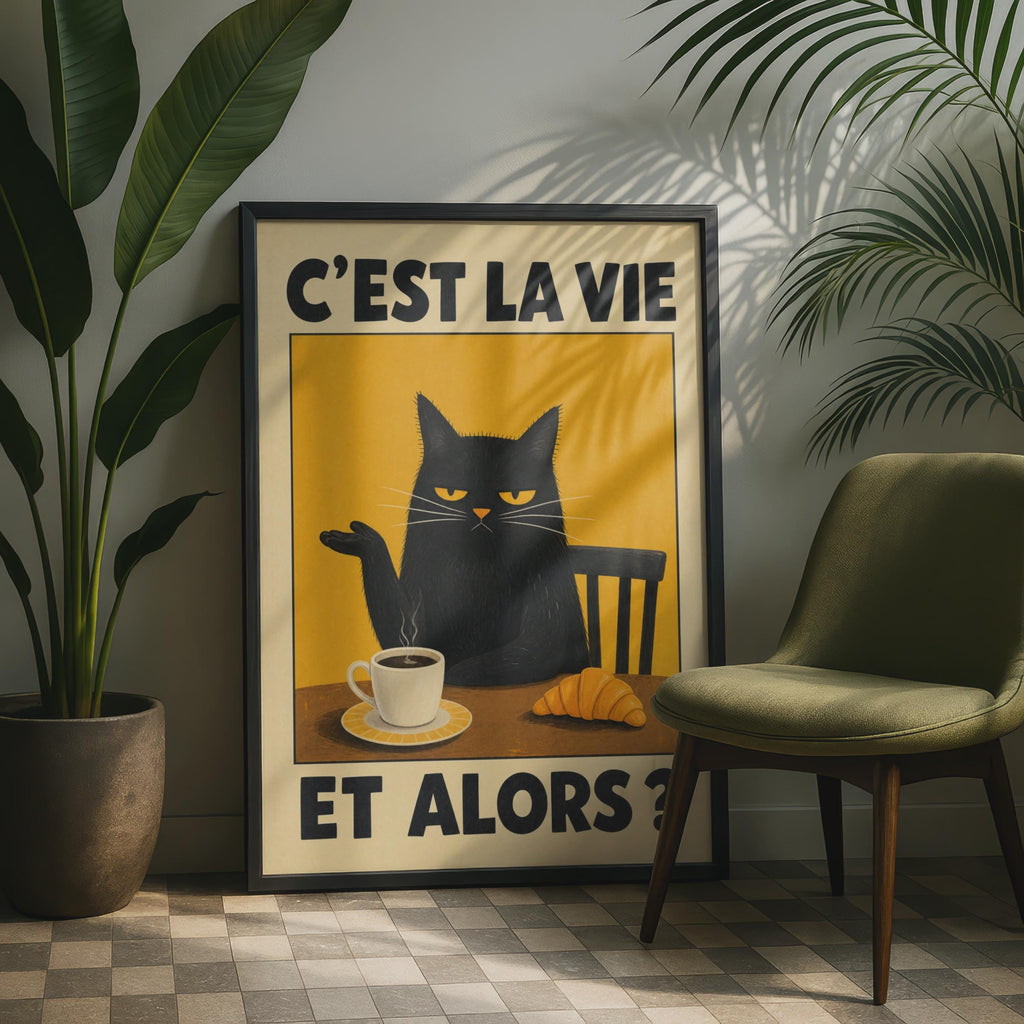 C'est La Vie Black Cat Poster, Grumpy Coffee Print, Vintage French Quote Wall Art