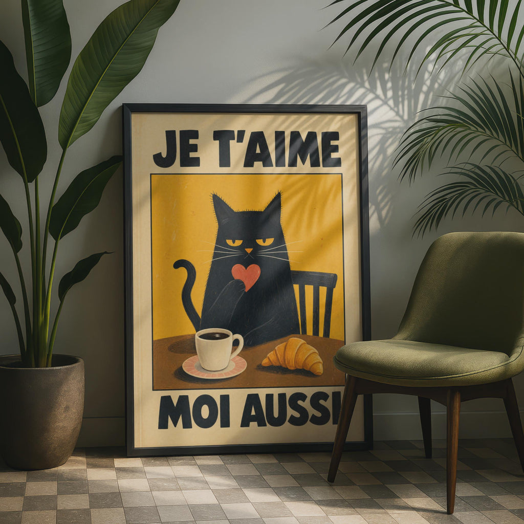 Black Cat Cafe Print, Grumpy French Coffee Croissant Art, Retro Paris Kitchen Decor