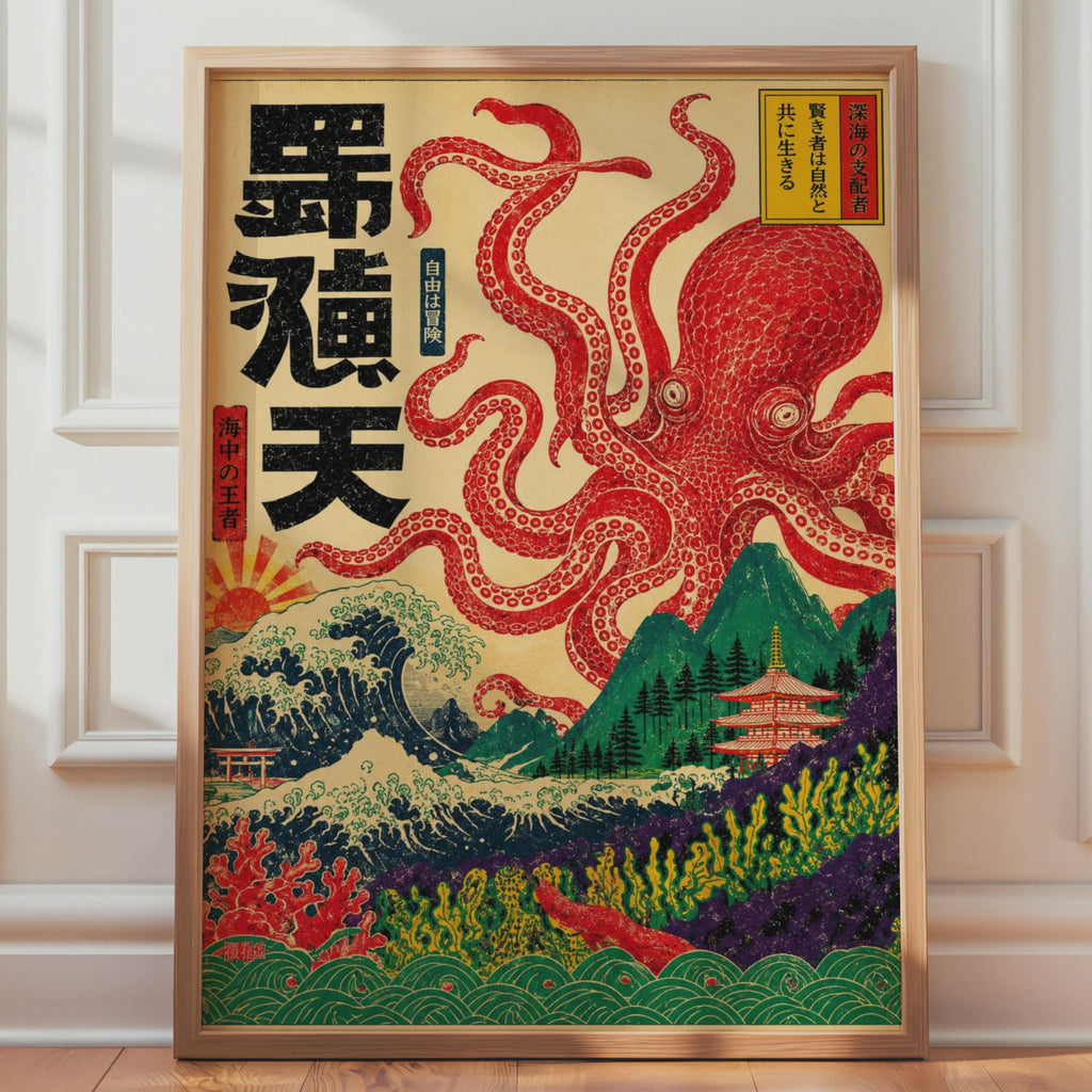 Japanese Red Octopus Woodblock Print, Ukiyo-e Ocean Waves Pagoda Art
