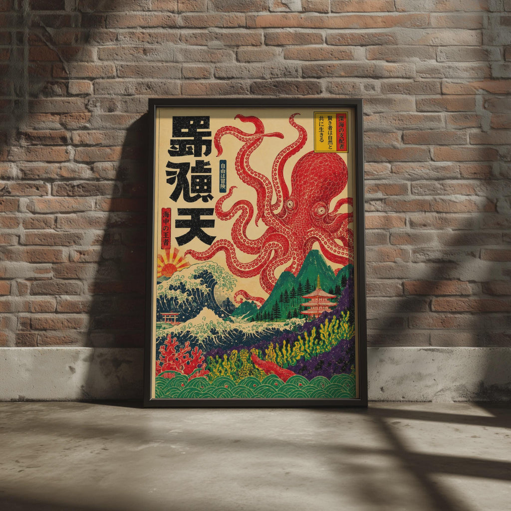 Japanese Red Octopus Woodblock Print, Ukiyo-e Ocean Waves Pagoda Art