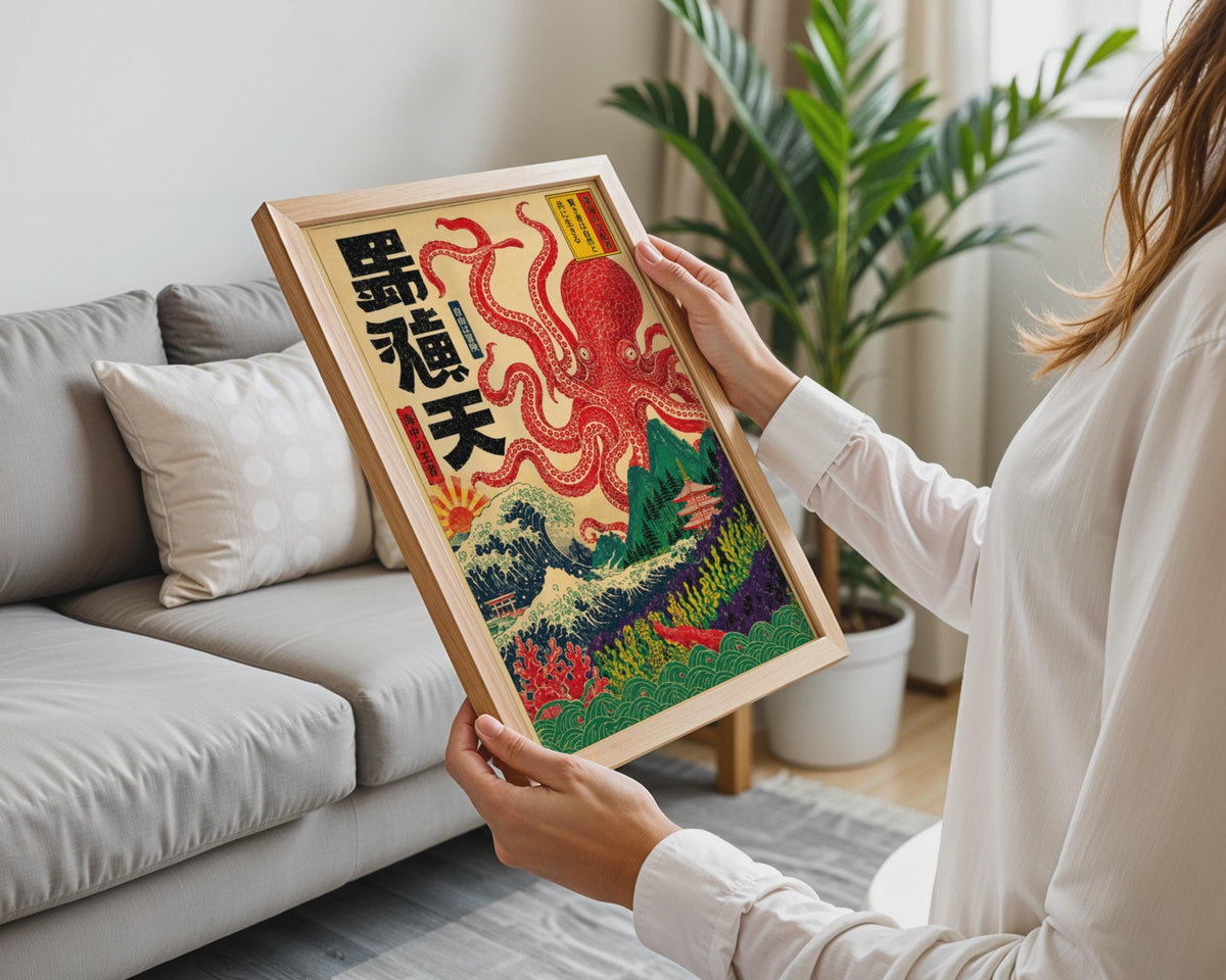 Japanese Red Octopus Woodblock Print, Ukiyo-e Ocean Waves Pagoda Art