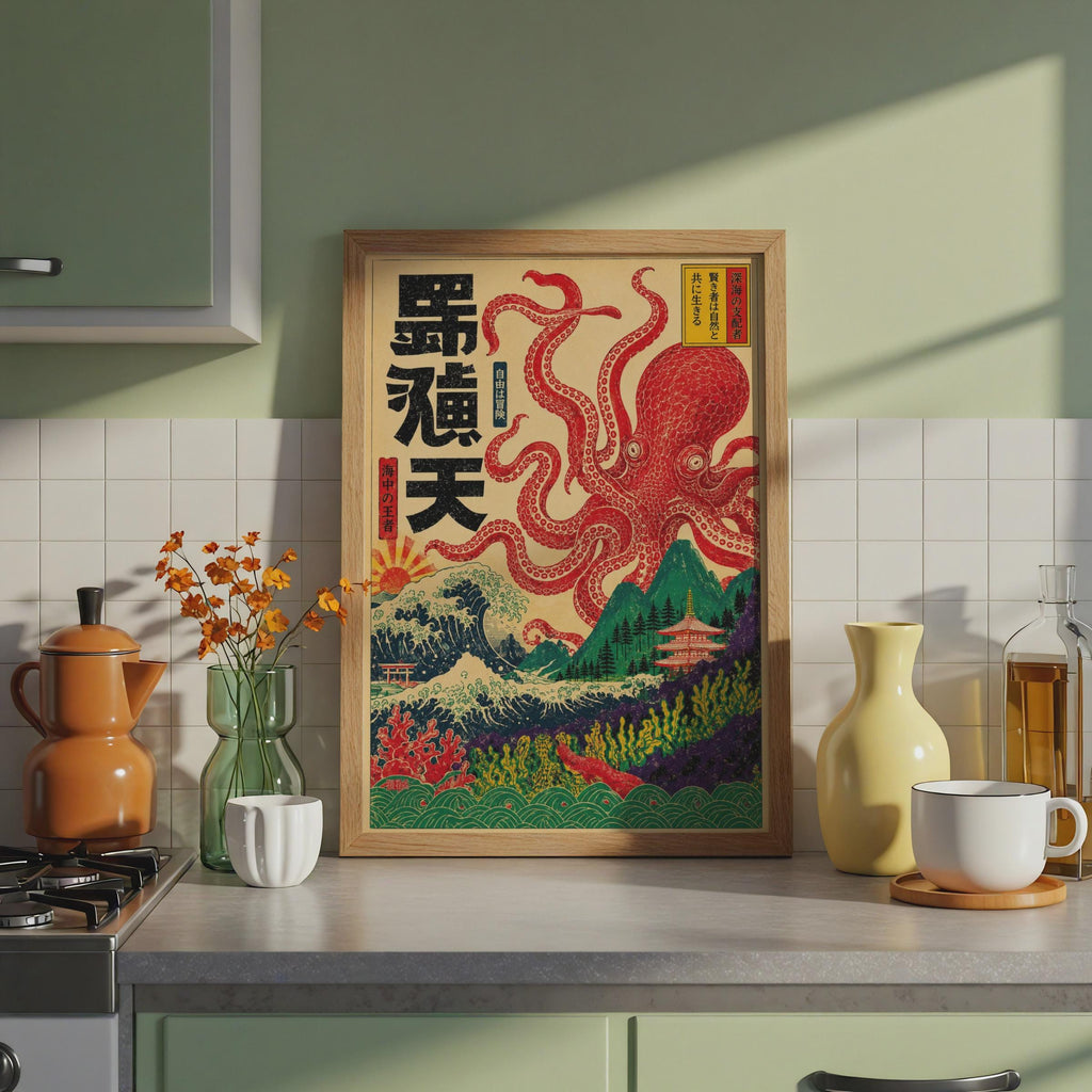 Japanese Red Octopus Woodblock Print, Ukiyo-e Ocean Waves Pagoda Art