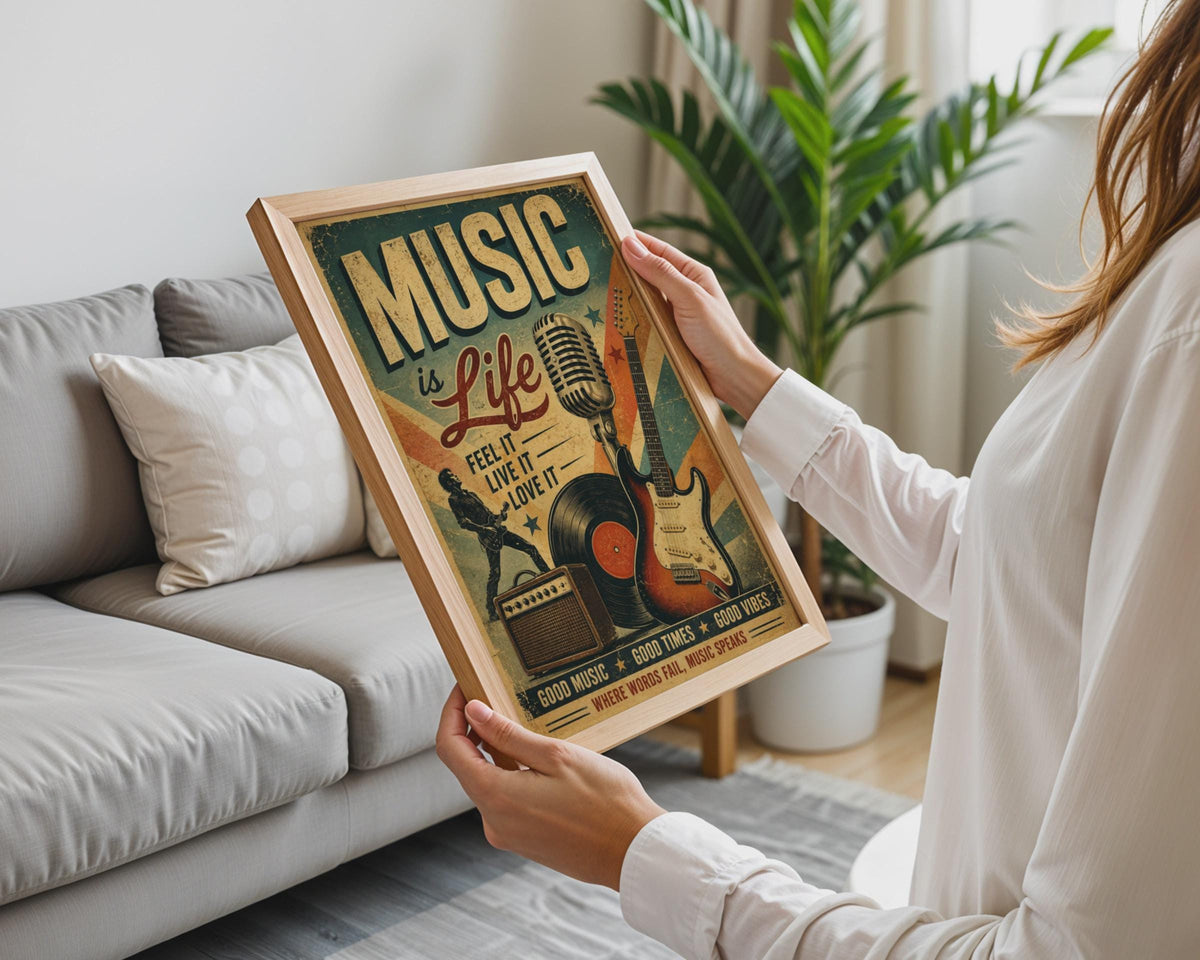 Music Is Life Retro Poster, Vintage Rock Guitar Wall Art, Music Lover Print