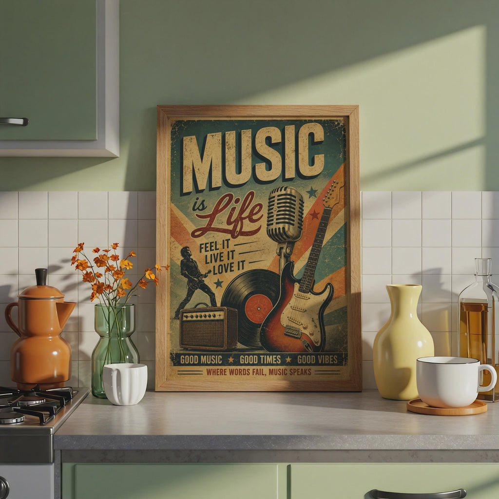 Music Is Life Retro Poster, Vintage Rock Guitar Wall Art, Music Lover Print