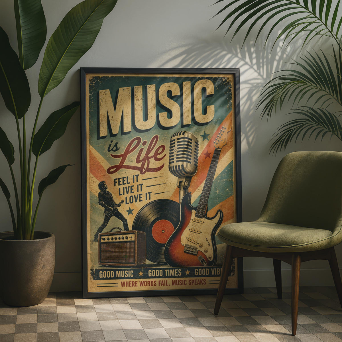 Music Is Life Retro Poster, Vintage Rock Guitar Wall Art, Music Lover Print