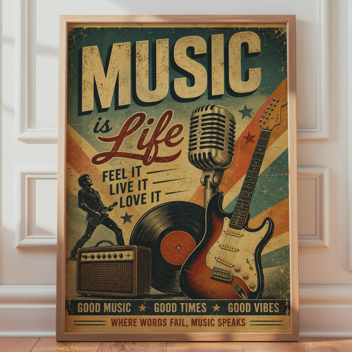 Music Is Life Retro Poster, Vintage Rock Guitar Wall Art, Music Lover Print