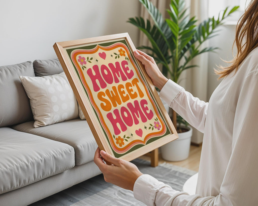 Home Sweet Home Retro Wall Art, 70s Groovy Typography Poster, Pink Orange Floral Print