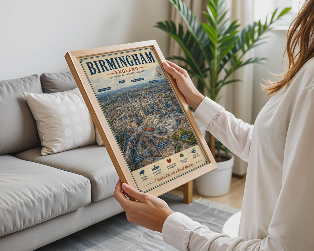Birmingham England Poster, West Midlands City Map Wall Art, Vintage Aerial Print