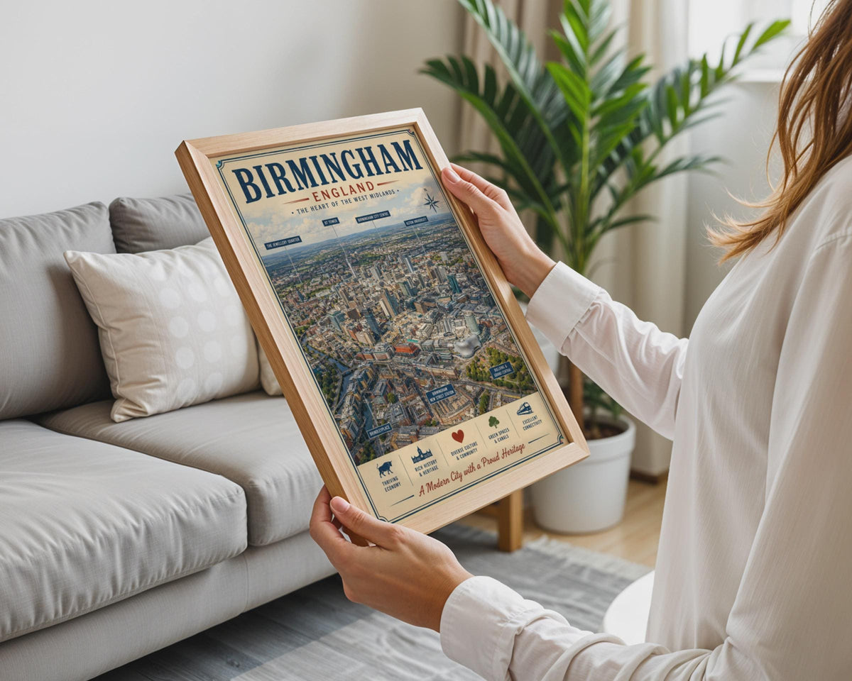 Birmingham England Poster, West Midlands City Map Wall Art, Vintage Aerial Print
