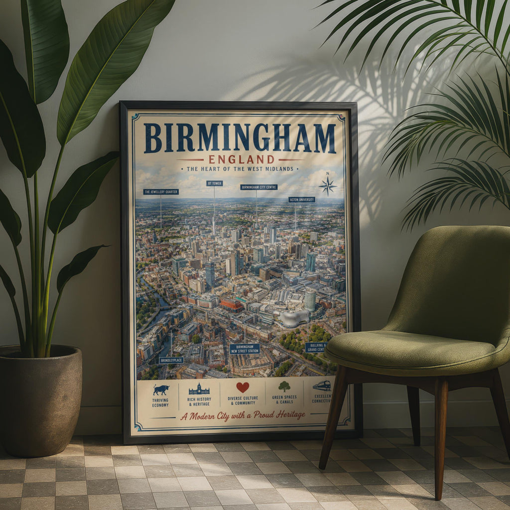 Birmingham England Poster, West Midlands City Map Wall Art, Vintage Aerial Print