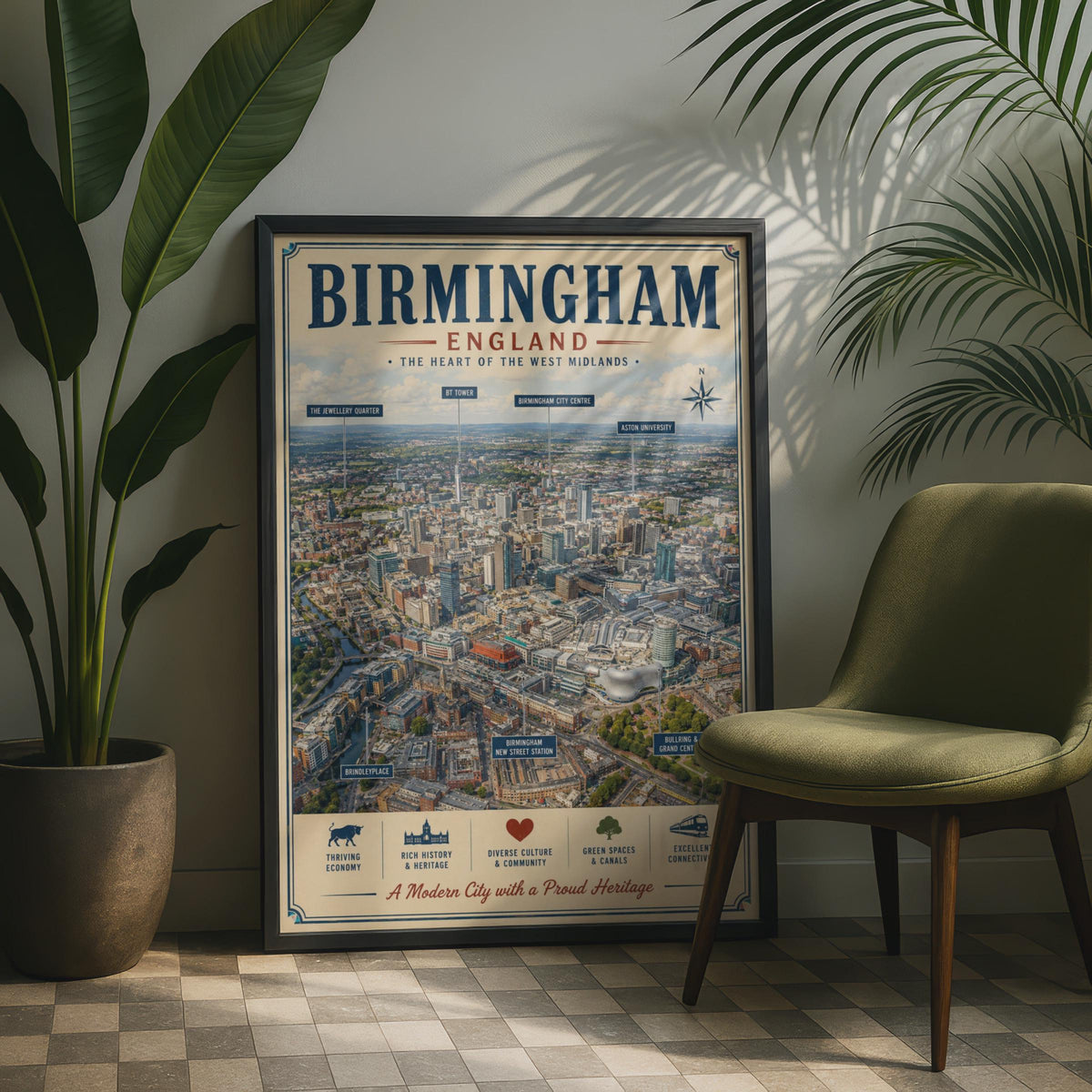 Birmingham England Poster, West Midlands City Map Wall Art, Vintage Aerial Print