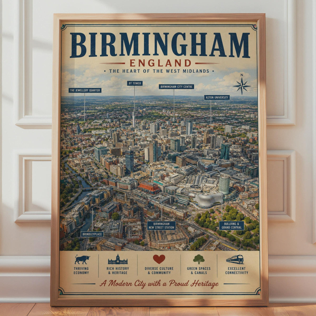 Birmingham England Poster, West Midlands City Map Wall Art, Vintage Aerial Print