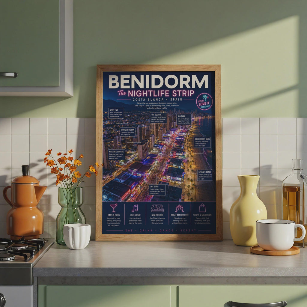 Benidorm Nightlife Strip Poster, Costa Blanca Spain Wall Art, Holiday Print