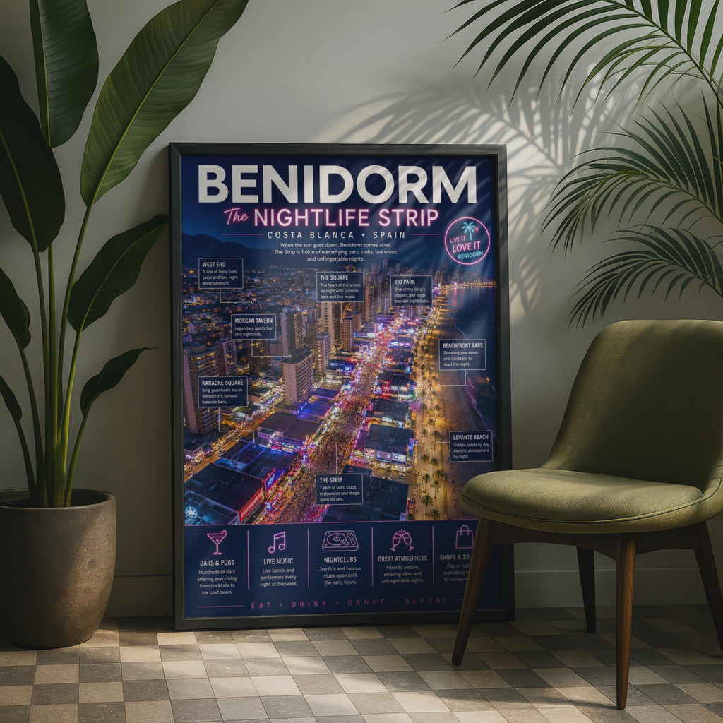 Benidorm Nightlife Strip Poster, Costa Blanca Spain Wall Art, Holiday Print