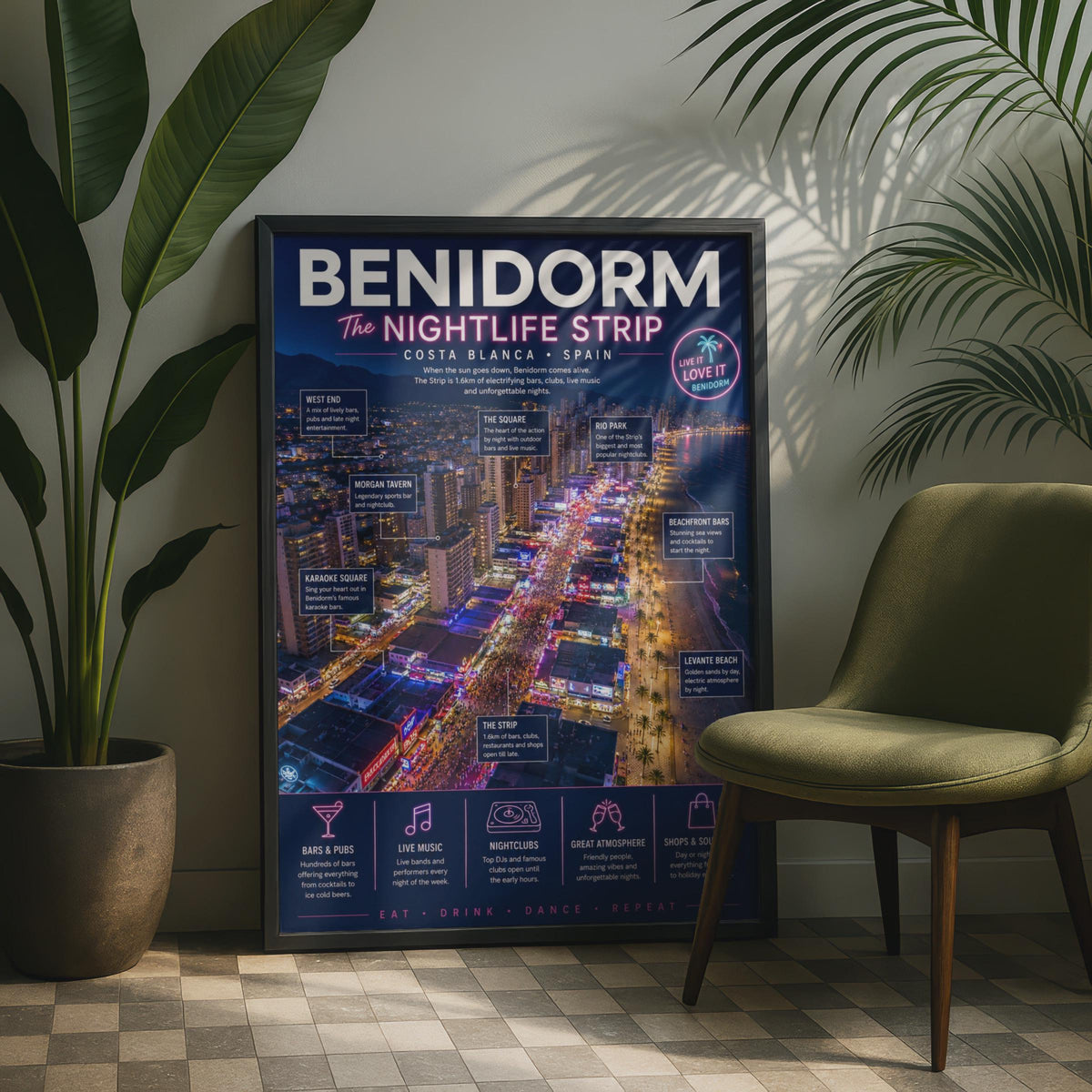 Benidorm Nightlife Strip Poster, Costa Blanca Spain Wall Art, Holiday Print