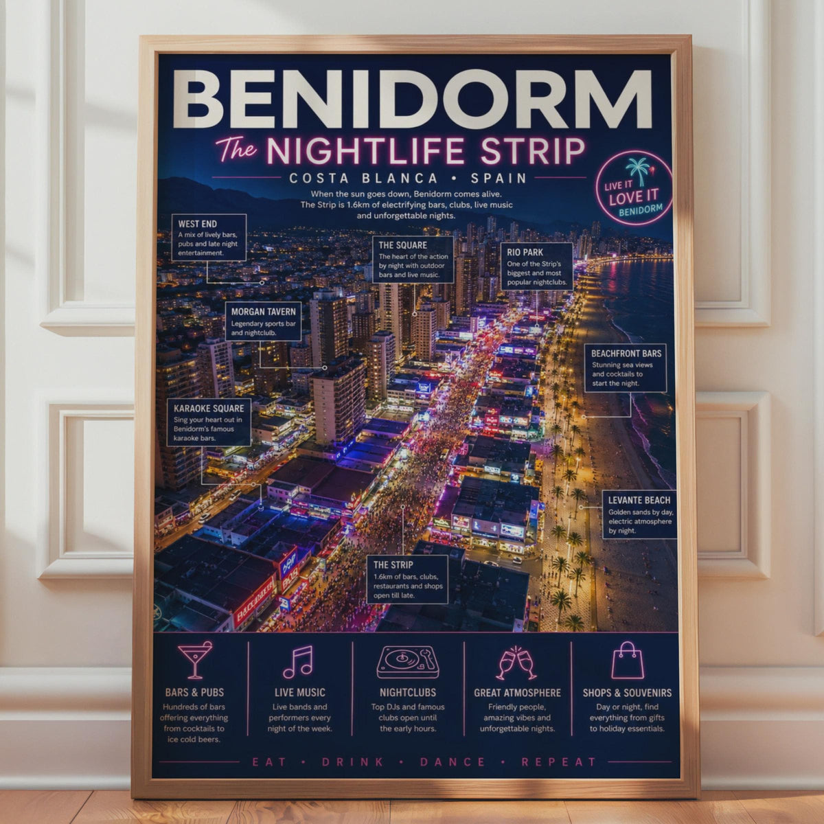 Benidorm Nightlife Strip Poster, Costa Blanca Spain Wall Art, Holiday Print
