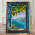 Mediterranean Lemon Window Print, Hand-Painted Coastal View, Amalfi Coast Art