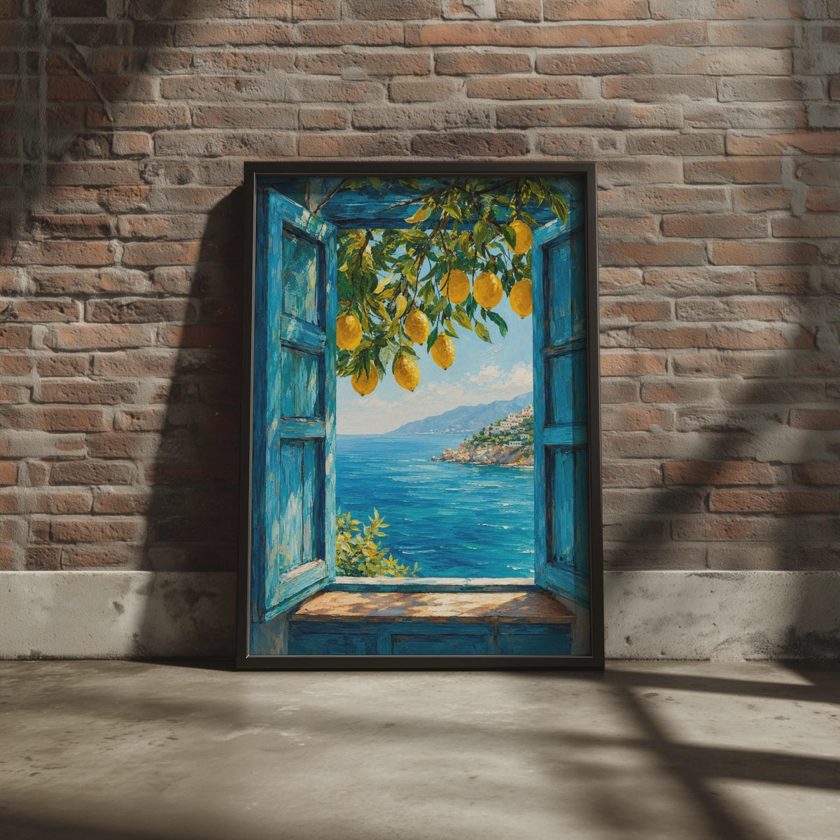 Mediterranean Lemon Window Print, Hand-Painted Coastal View, Amalfi Coast Art