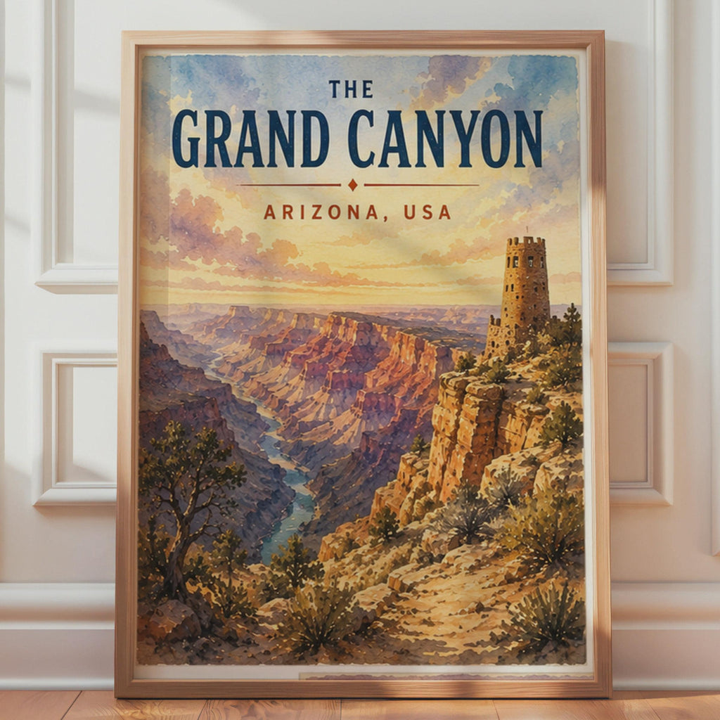 Grand Canyon Watchtower Print, Arizona Desert View, Colorado River Watercolour Art