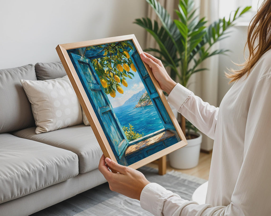 Mediterranean Lemon Window Print, Hand-Painted Coastal View, Amalfi Coast Art