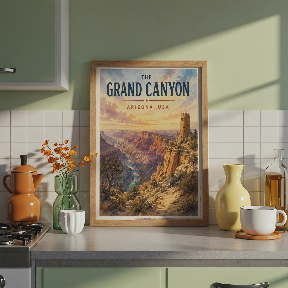 Grand Canyon Watchtower Print, Arizona Desert View, Colorado River Watercolour Art