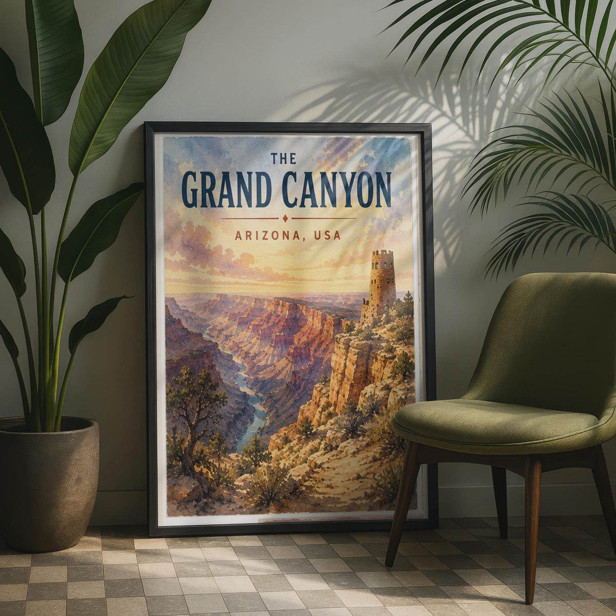 Grand Canyon Watchtower Print, Arizona Desert View, Colorado River Watercolour Art