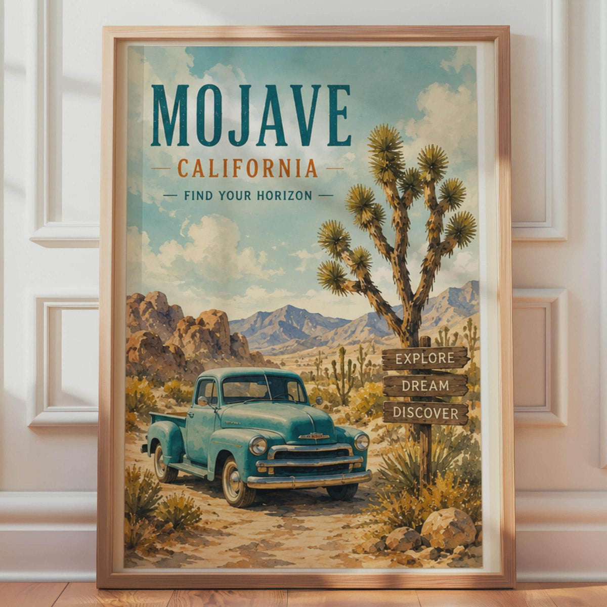Mojave California Vintage Poster, Retro Teal Truck, Joshua Tree Desert Art