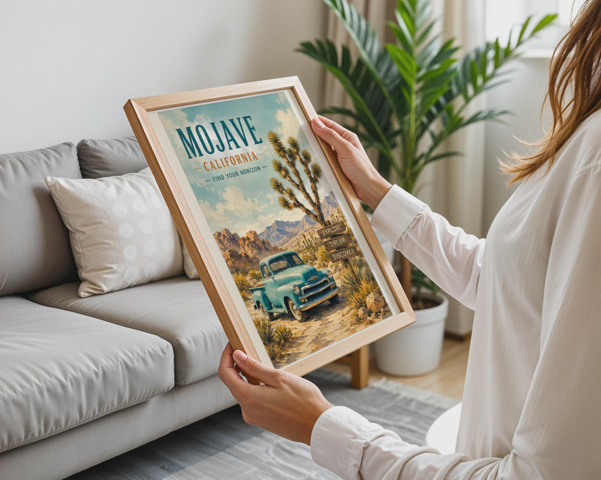 Mojave California Vintage Poster, Retro Teal Truck, Joshua Tree Desert Art