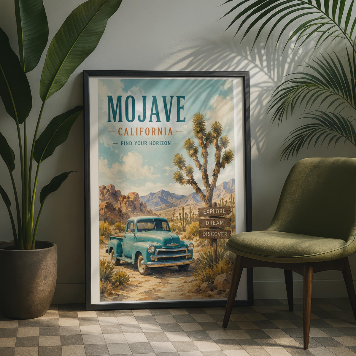 Mojave California Vintage Poster, Retro Teal Truck, Joshua Tree Desert Art