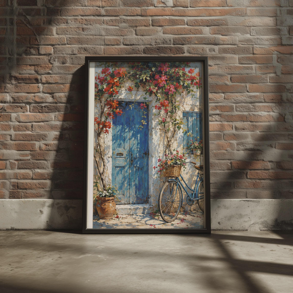 Mediterranean Bougainvillea Door Print, Impressionist Oil Painting Style, Floral Village Art (Ready to Frame)