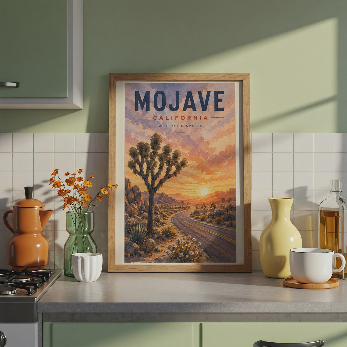 Mojave Desert Watercolor Poster, Joshua Tree Sunset, Wide Open Spaces (Print)
