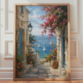 Mediterranean Alley Art Print, Greek Village, Bougainvillea Sea View (Poster)