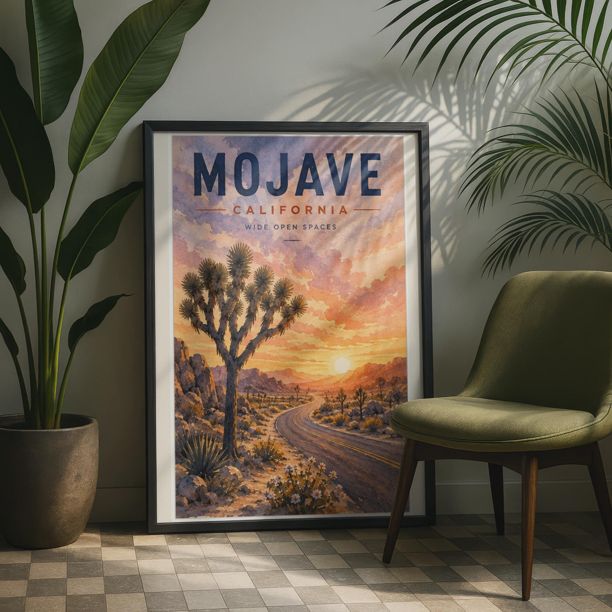 Mojave Desert Watercolor Poster, Joshua Tree Sunset, Wide Open Spaces (Print)