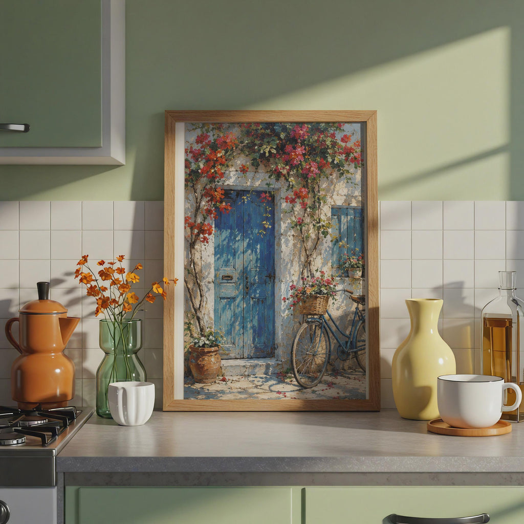 Mediterranean Bougainvillea Door Print, Impressionist Oil Painting Style, Floral Village Art (Ready to Frame)