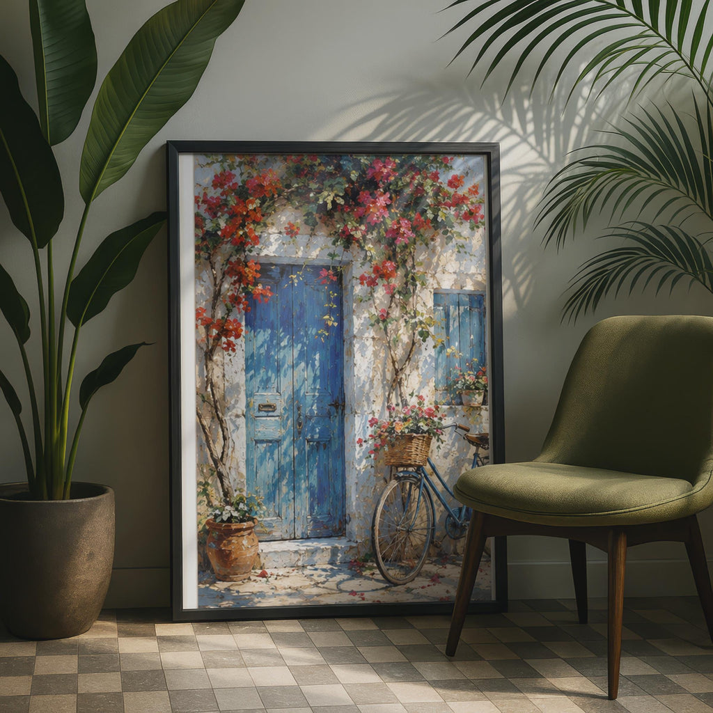 Mediterranean Bougainvillea Door Print, Impressionist Oil Painting Style, Floral Village Art (Ready to Frame)