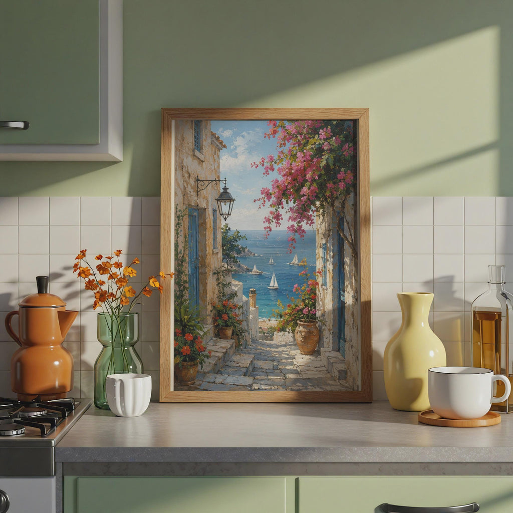 Mediterranean Alley Art Print, Greek Village, Bougainvillea Sea View (Poster)