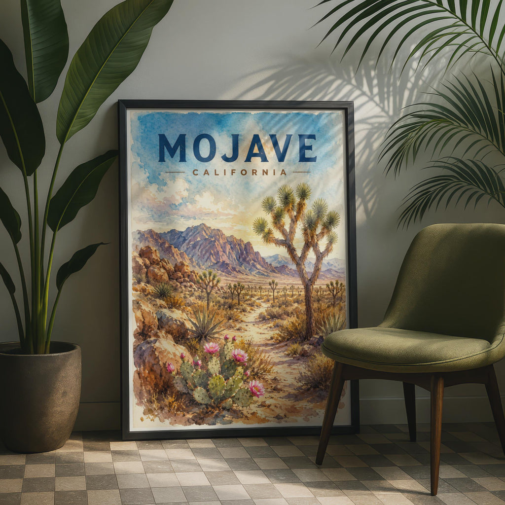 Mojave California Watercolour Print, Desert Landscape Wall Art, Joshua Tree Cactus Decor