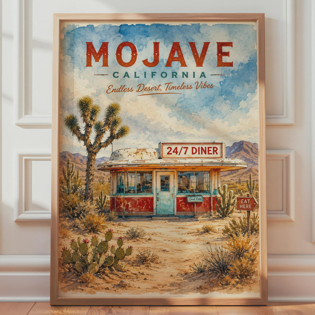 Mojave California Desert Diner Watercolour Print, Retro Route 66 Wall Art