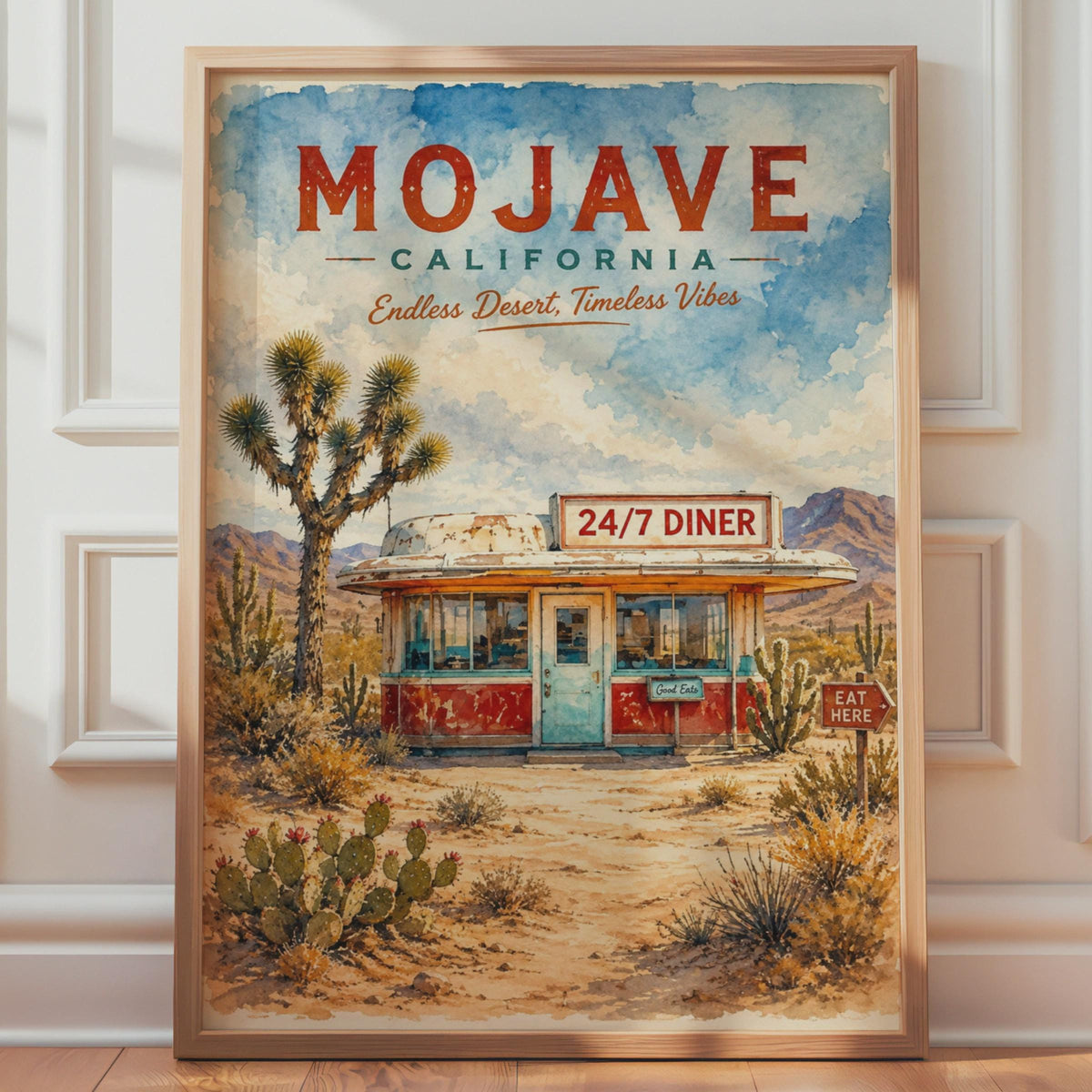 Mojave California Desert Diner Watercolour Print, Retro Route 66 Wall Art