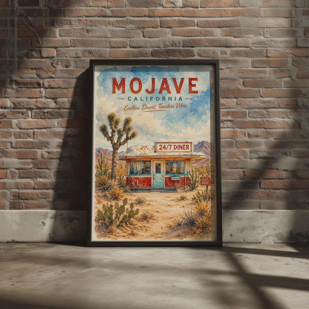 Mojave California Desert Diner Watercolour Print, Retro Route 66 Wall Art