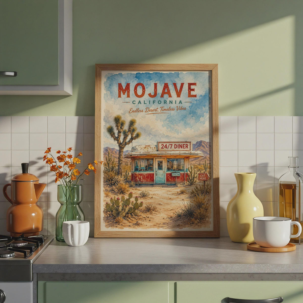 Mojave California Desert Diner Watercolour Print, Retro Route 66 Wall Art