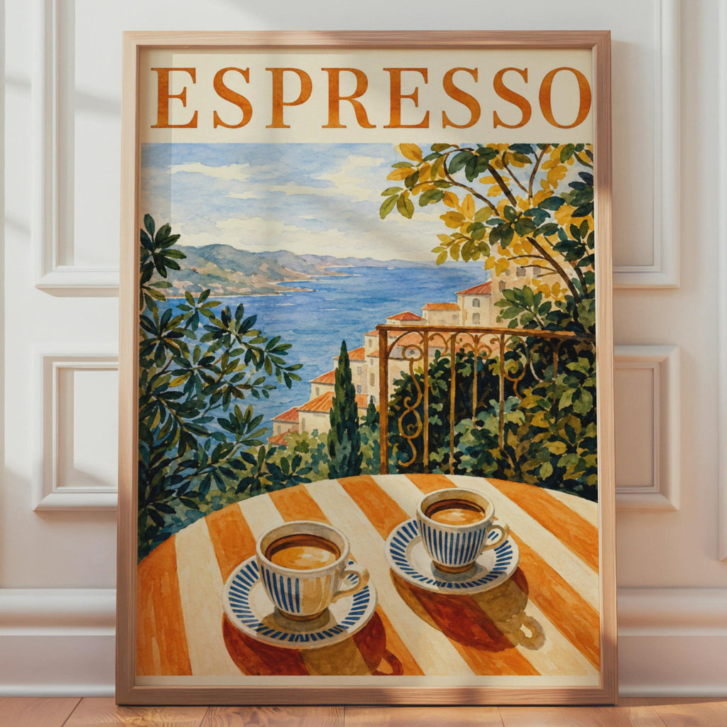Mediterranean Espresso Watercolour Poster, Italian Coastal Cafe Art