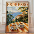 Mediterranean Espresso Watercolour Poster, Italian Coastal Cafe Art