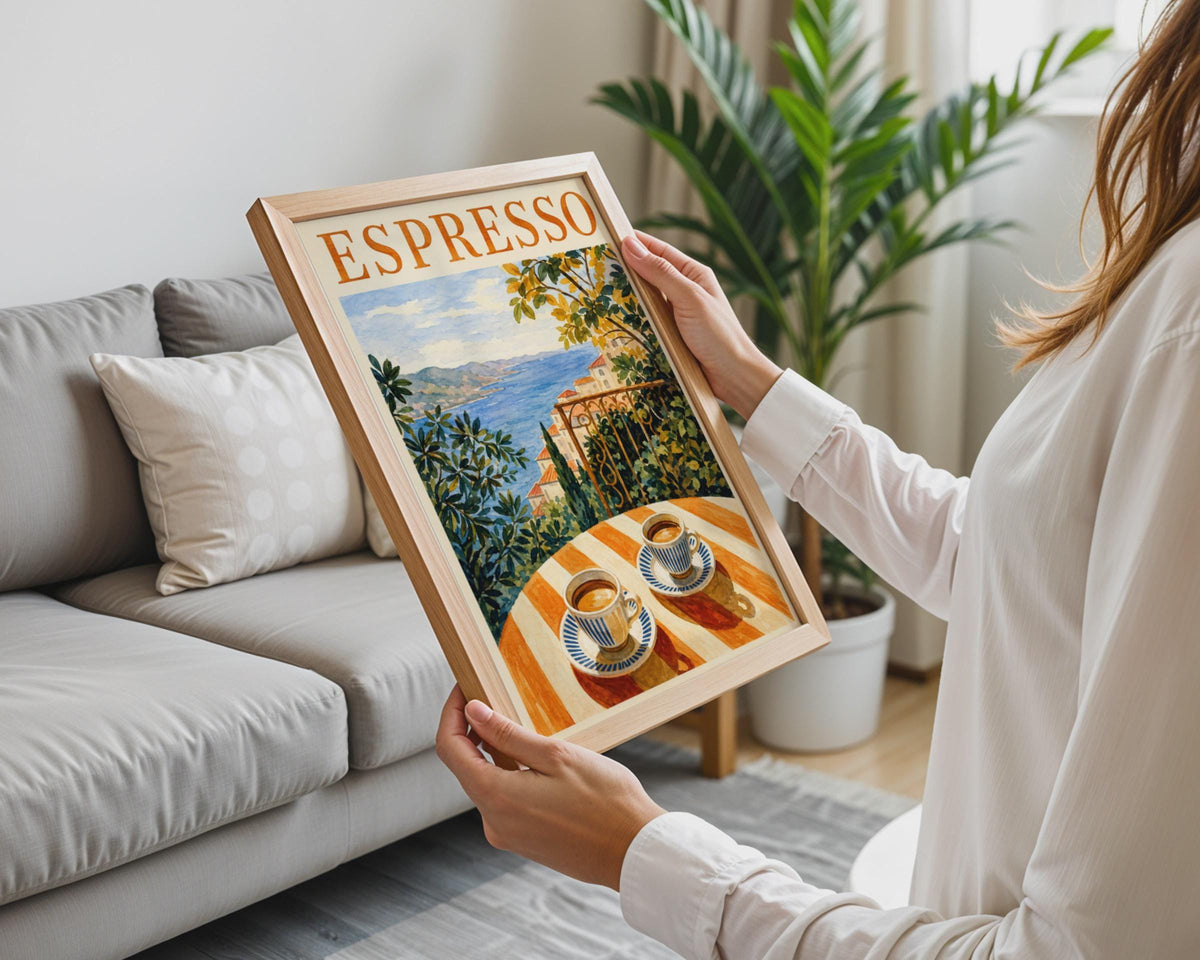 Mediterranean Espresso Watercolour Poster, Italian Coastal Cafe Art